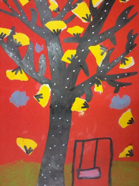 这是一幅儿童画,关于秋天的故事,整幅画画面精美,色彩绚丽,想象力强