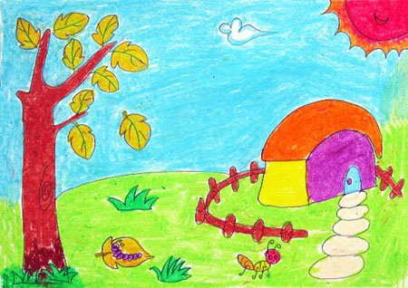 这幅儿童画秋天画面优美,构图简洁,充满孩子们的奇思妙想,非常适合