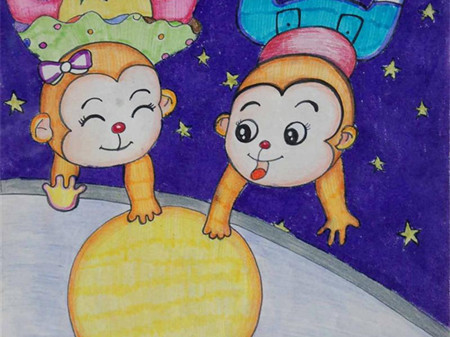 水彩画:猴子捞月的故事
