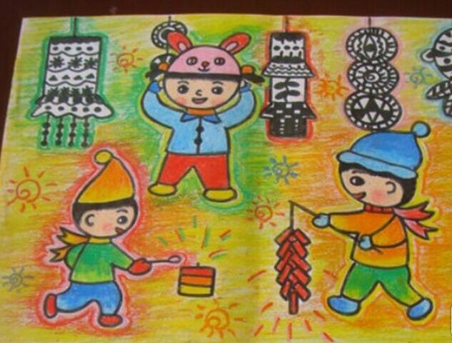 春节儿童画:愉快的春节
