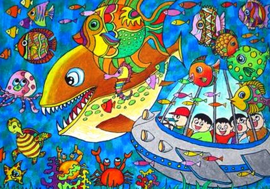 海底世界儿童画:我家的小金鱼儿童画